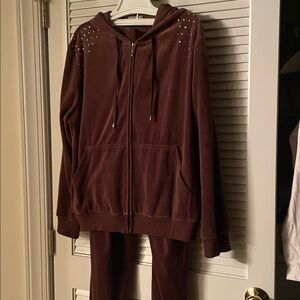 Women’s XL 2pc Velour Track Suit loungewear zip rhinestone jacket n pants cocoa